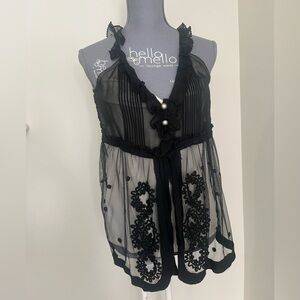 Black Sheer Halter Top with Embroidery